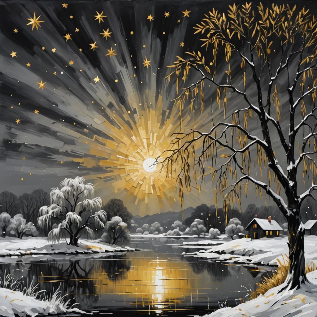 Winter landscape, black, white and gold.