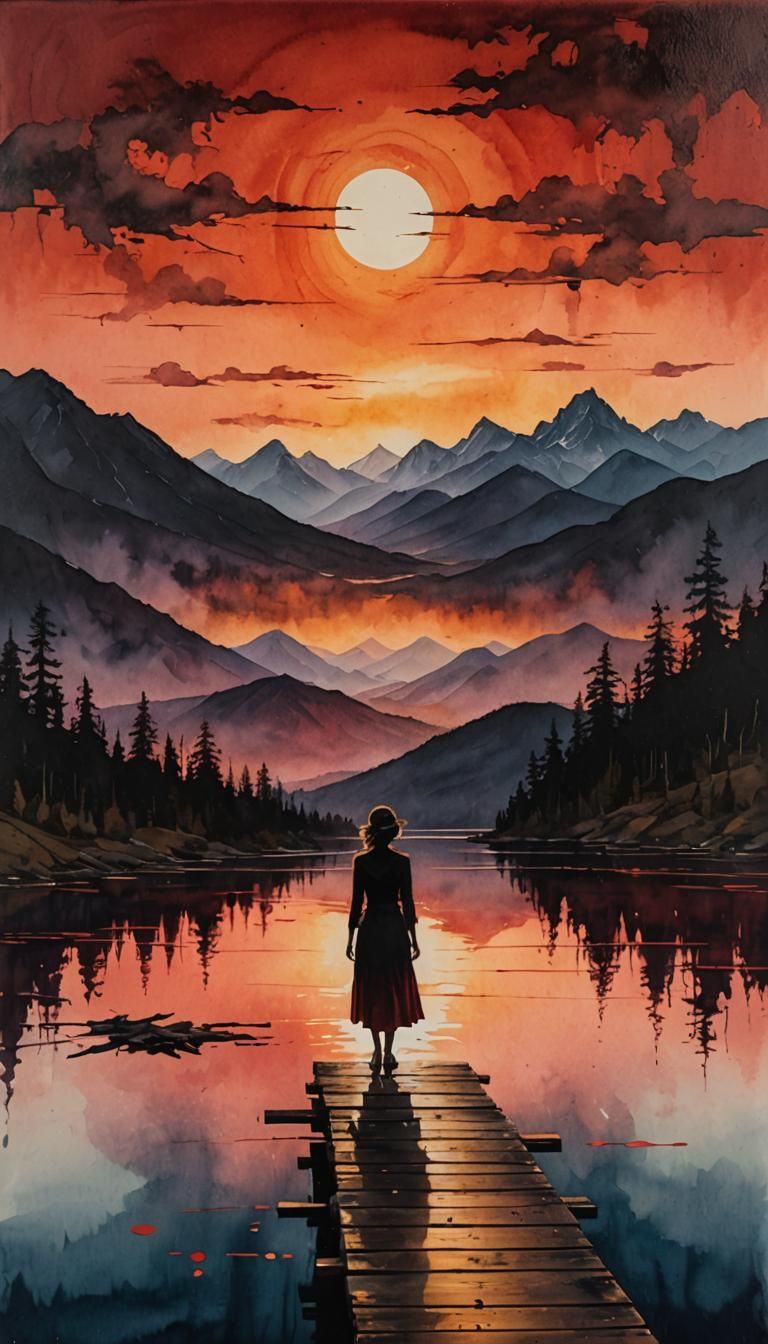 Sunset Silhouette on Mountain Lake, Alcohol Ink Style