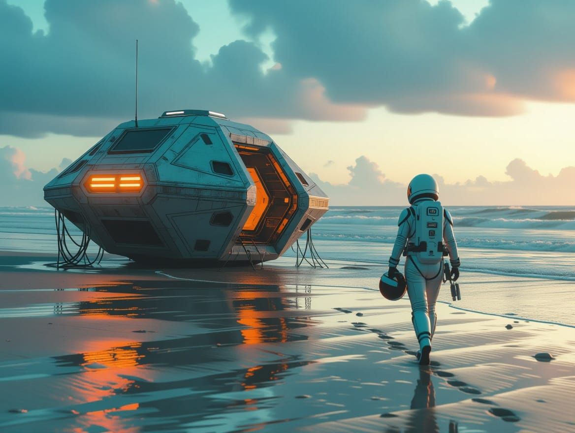Crashed Hexagonal Spacecraft on Teal Beach