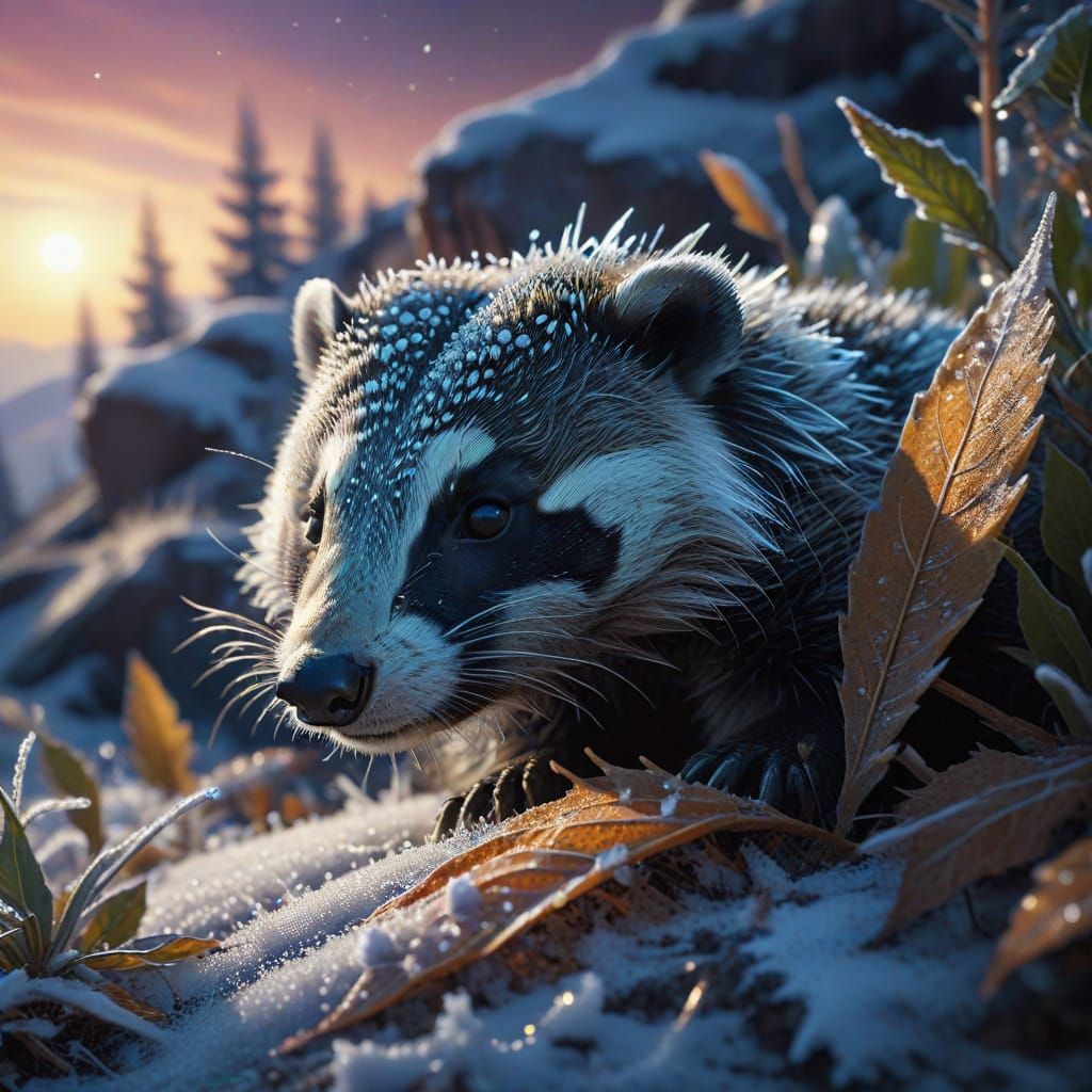 Badger Peeking Under Leaf Under Aurora Borealis