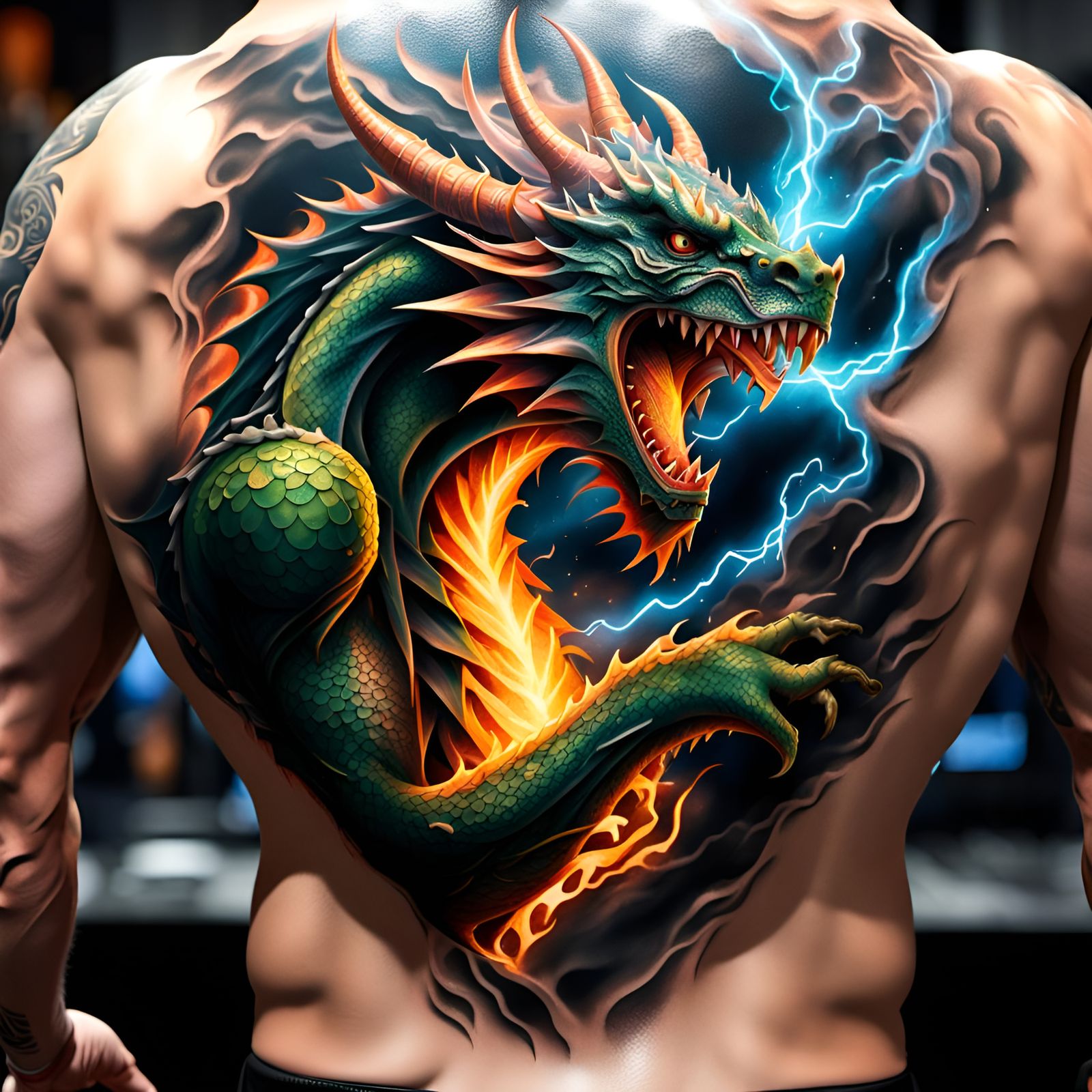 3D tattoo on wrestlers back of dragon ripping through  back breathing glowing plasma , GeForce RTX, 2TB NVMe M.2 SSD, 6T...