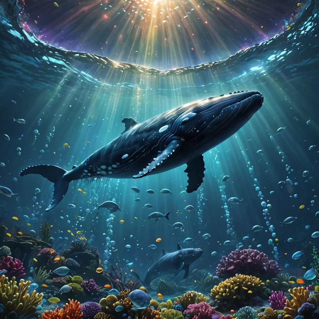 Bioluminescent Whale in Pacific Ocean: Hyperrealistic Splash...
