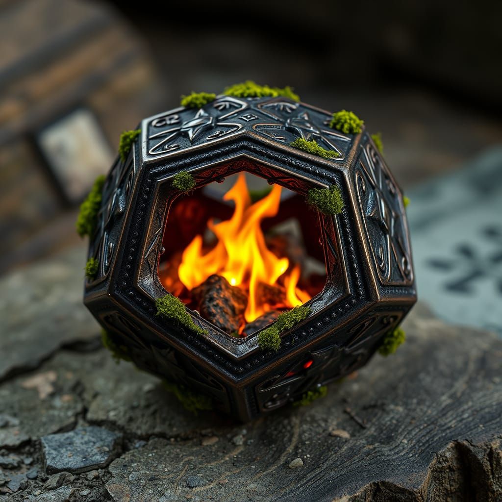 Glowing Fire Inside Engraved Octahedron with Moss