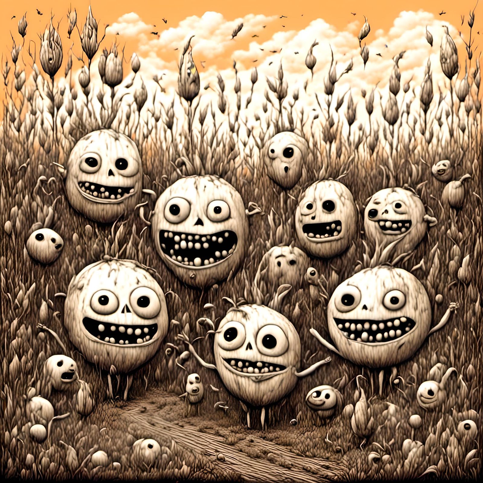 <lora:cornography:1.0> <lora:Creepy Doll:1.0> Bubble monsters with huge smiles bouncing through a western corn maze with...
