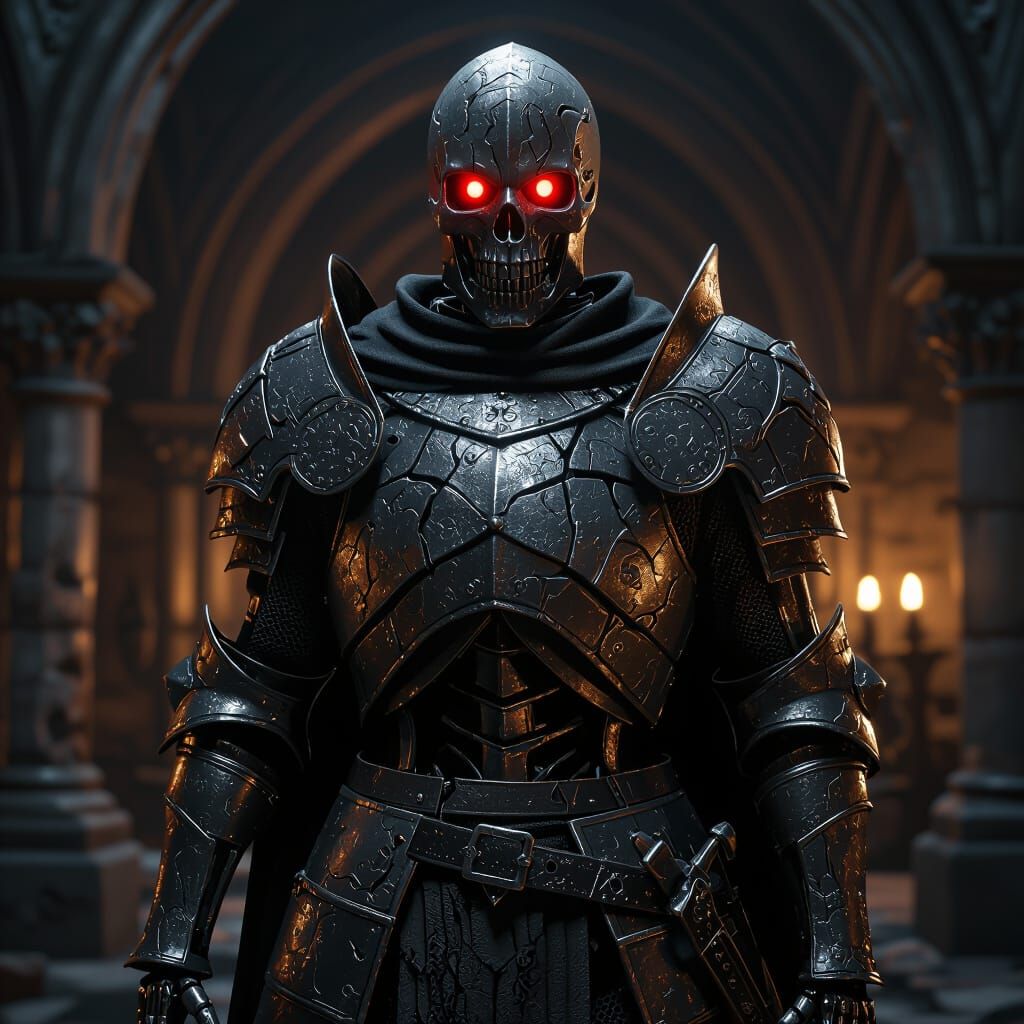 Skeletal Knight in Gothic Crypt, Detailed Matte Painting