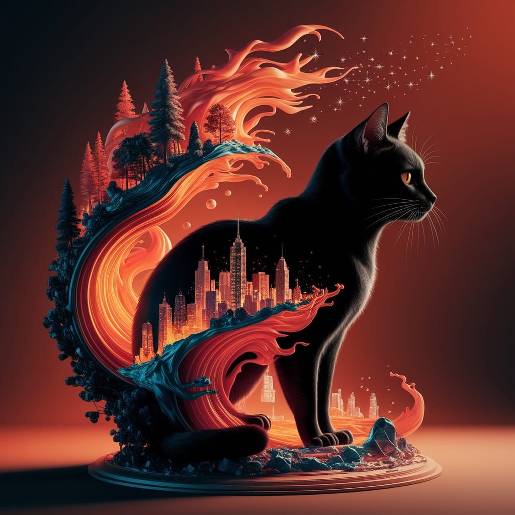 Fiery Abstract Urban Landscape with Black Cat in 3D