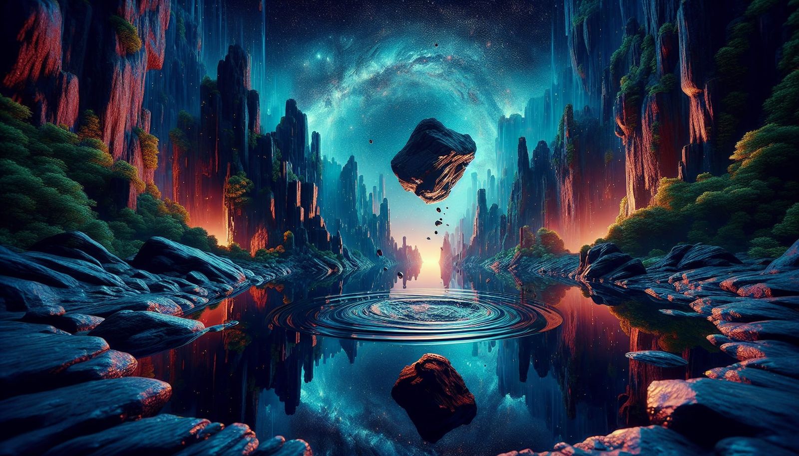 Fantastical Night Scene with Reflected Sky