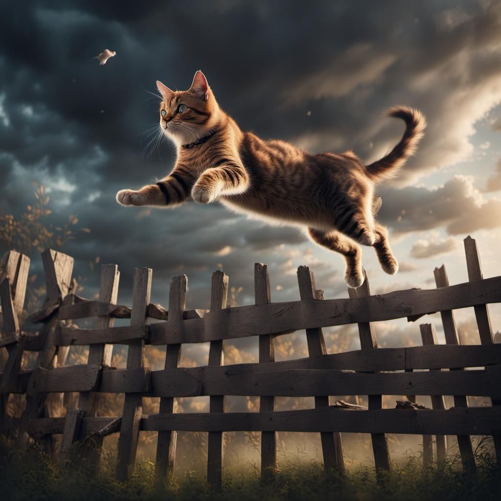 Cat's Unexpected Leap: A Cinematic Digital Painting