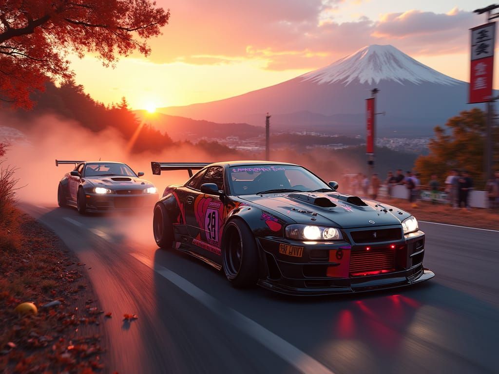 High-Performance Drift Cars on Japanese Mountain Road