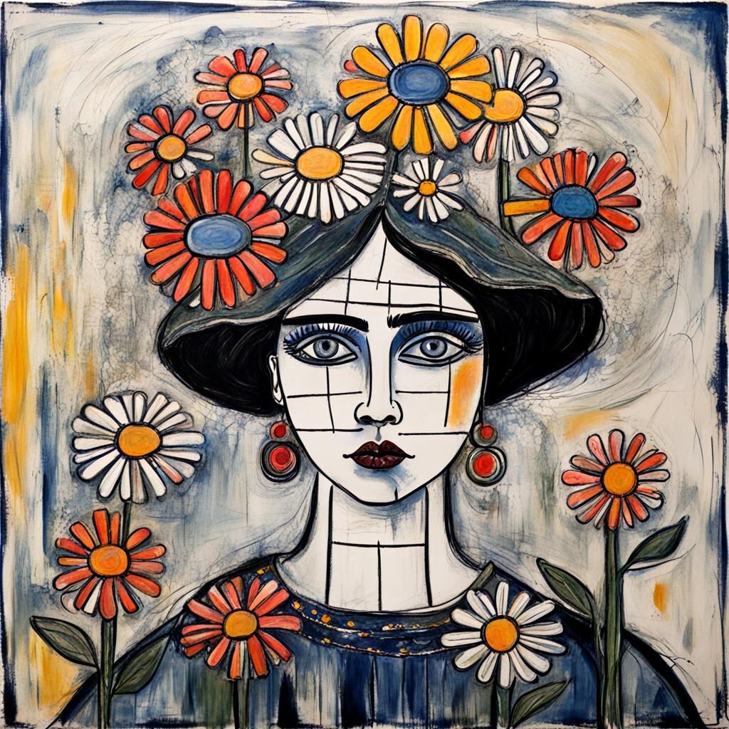 Woman with Daisies in Art Brut Style