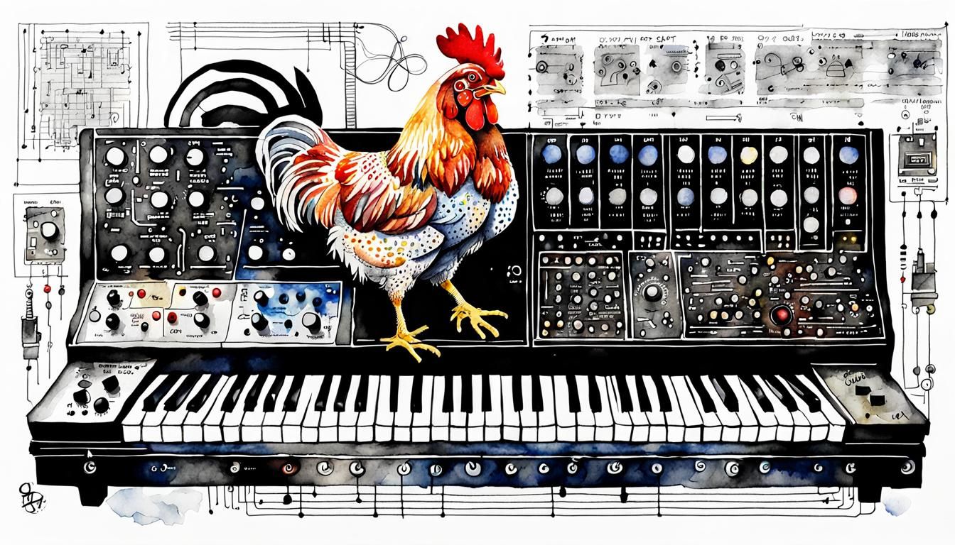 Chicken Plays Synth: Detailed Watercolor Technical Print
