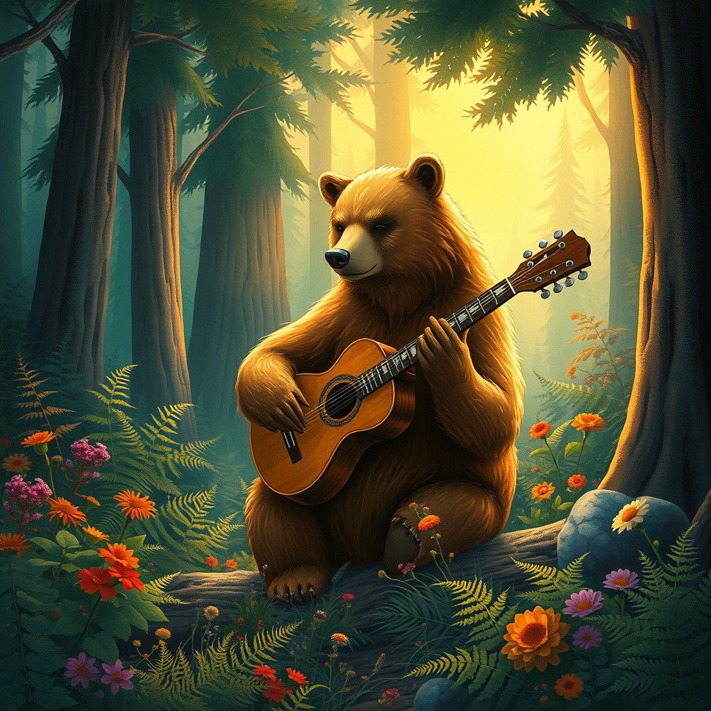 Bear Strums Guitar in Enchanted Forest Illustration