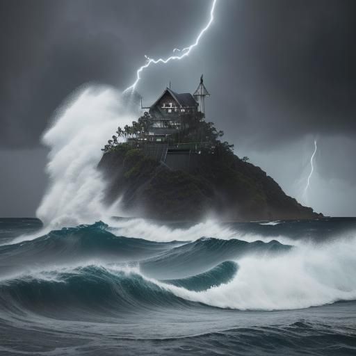 Typhoon Battering a Pacific Island: Cinematic Film Still