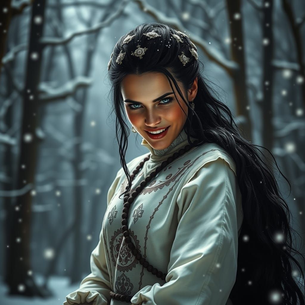 Menacing Woman Warrior in Snowy Winter Forest