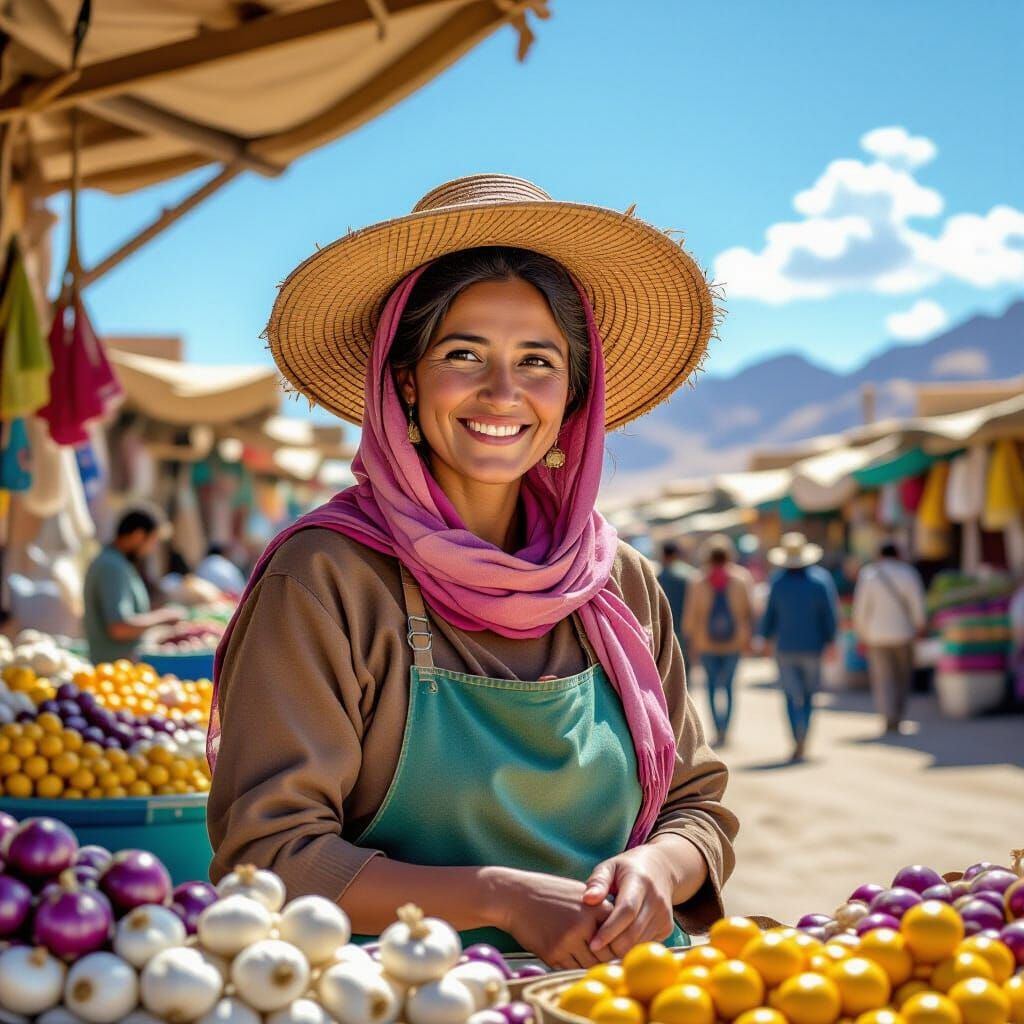 Desert Market: Smiling Seller in a Straw Hat