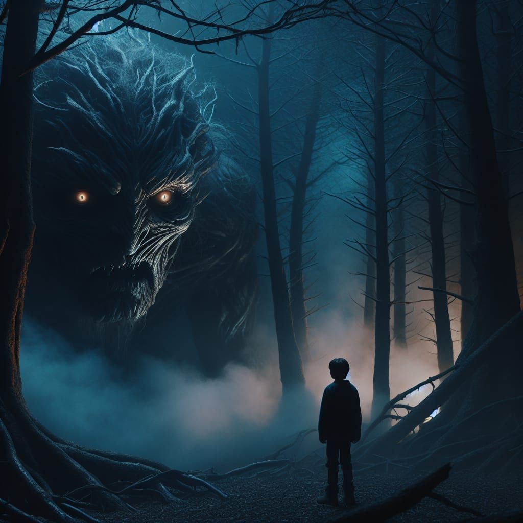 Dark Fantasy Monster Confronts Frozen Boy in Twilight Forest