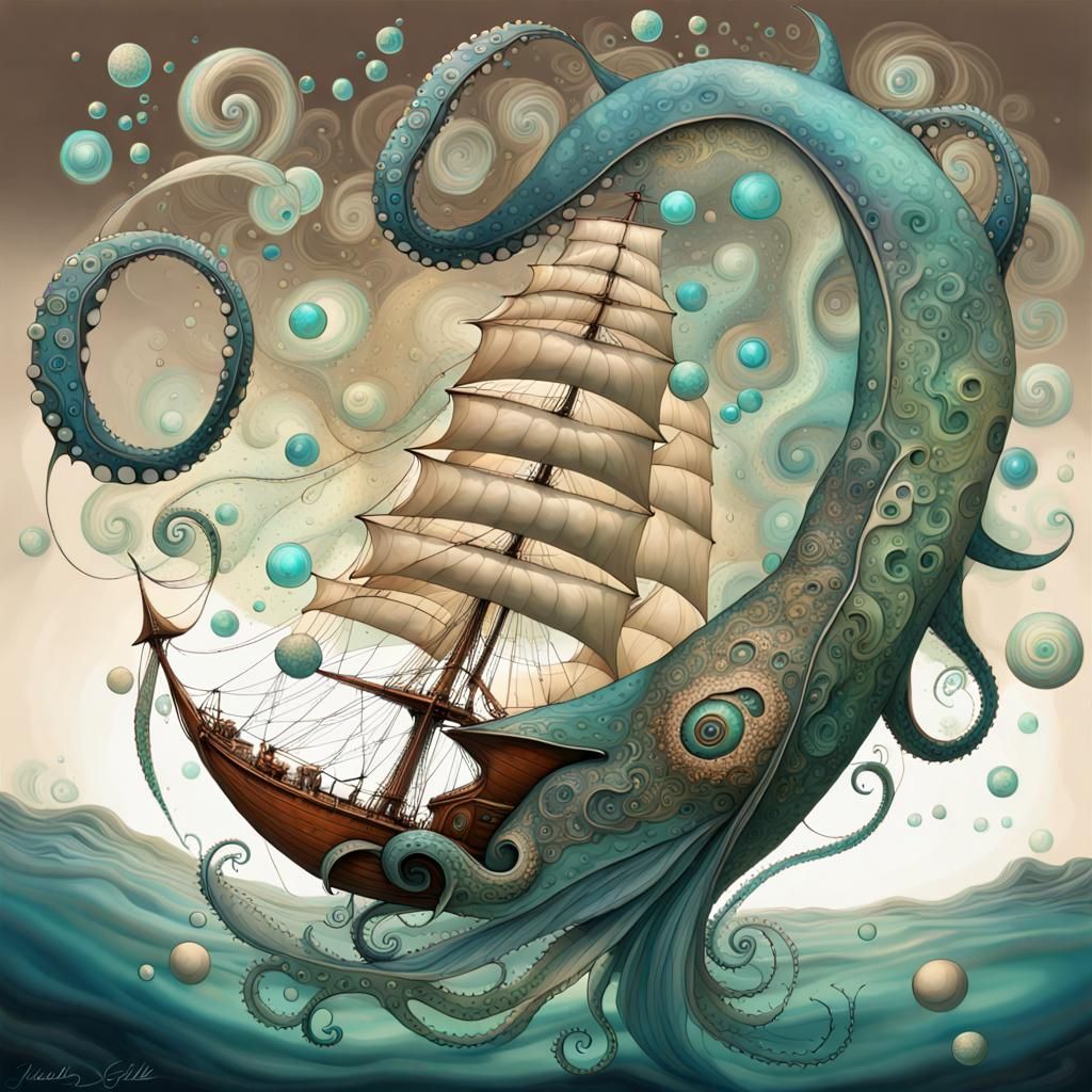 Surreal Octopus Steers Fractal Seascape Boat