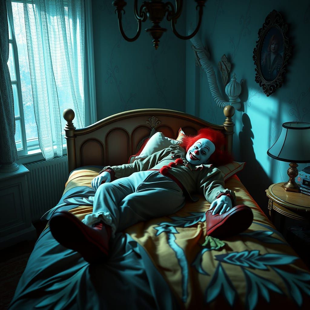 A Clown in a Vibrant Bedroom Scene