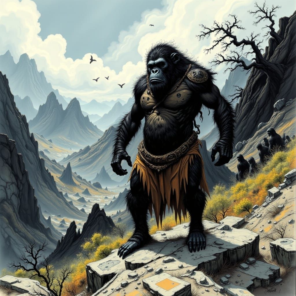 Regal Ape Leader Dominates Decaying Cityscape