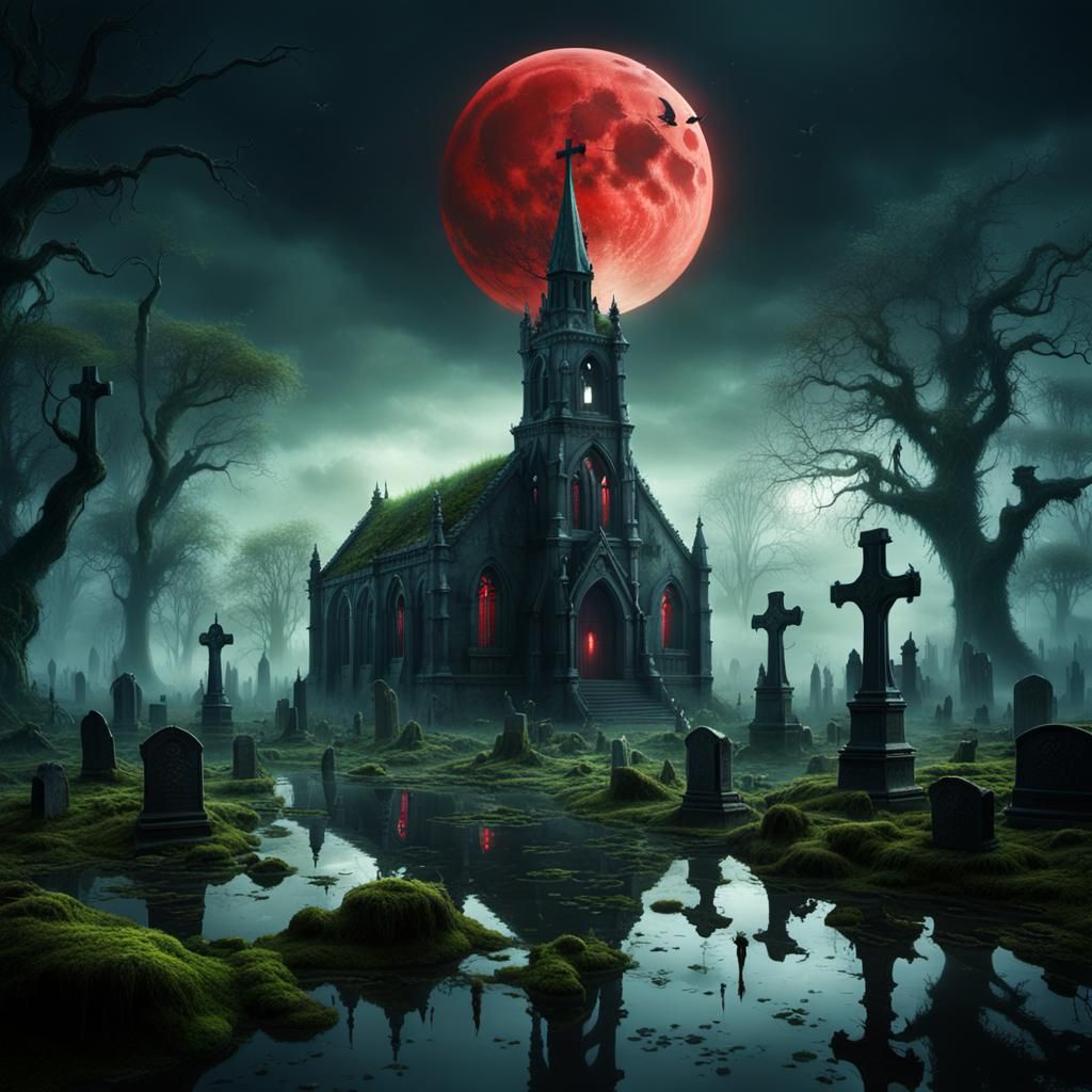 Eerie Cemetery in Swamps Under Blood Moon