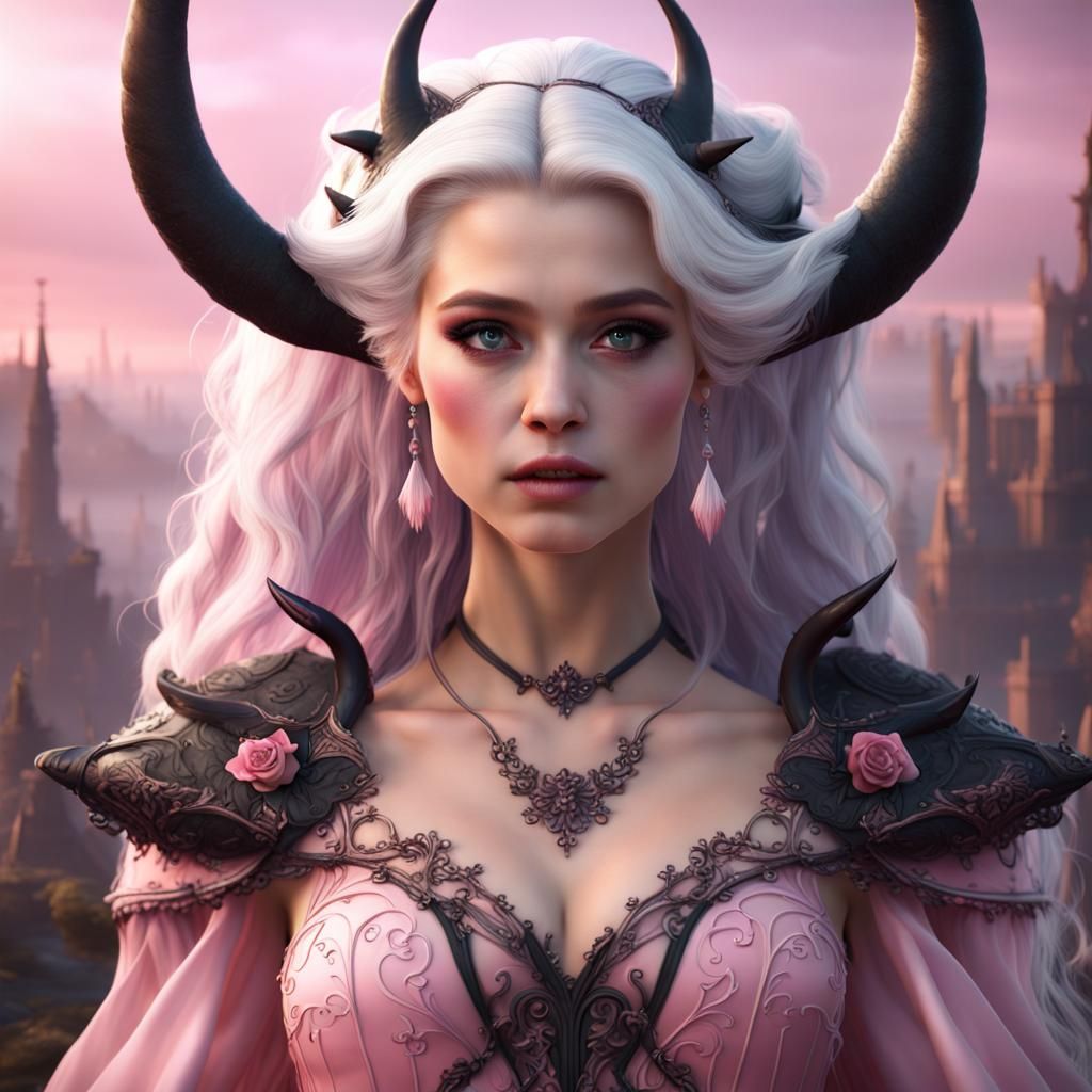 Girl with Horns in Pink Dress: Fantasy Art