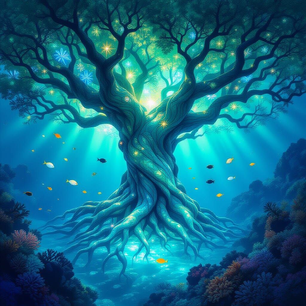 Ancient Bioluminescent Tree on Crystal Ocean Floor
