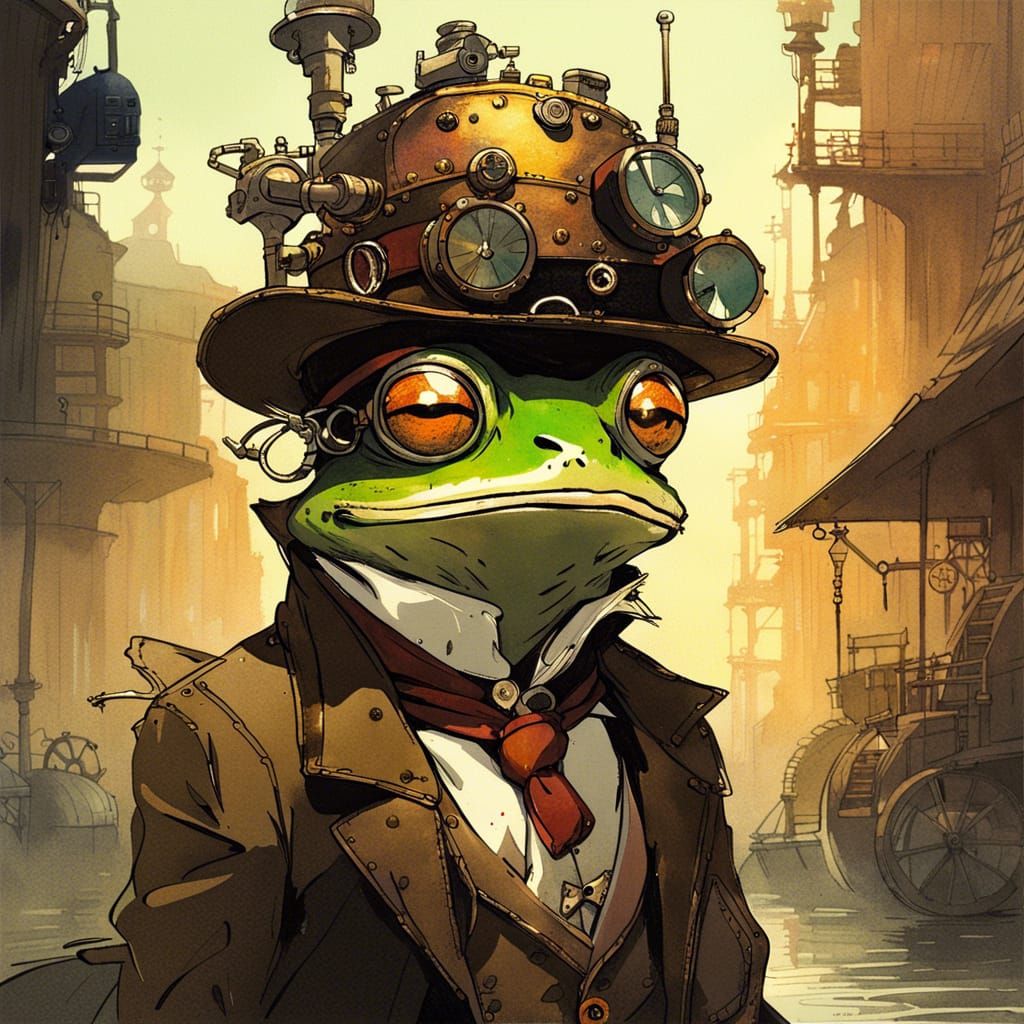 Steampunk Frog in Anime-Style Ink Painting