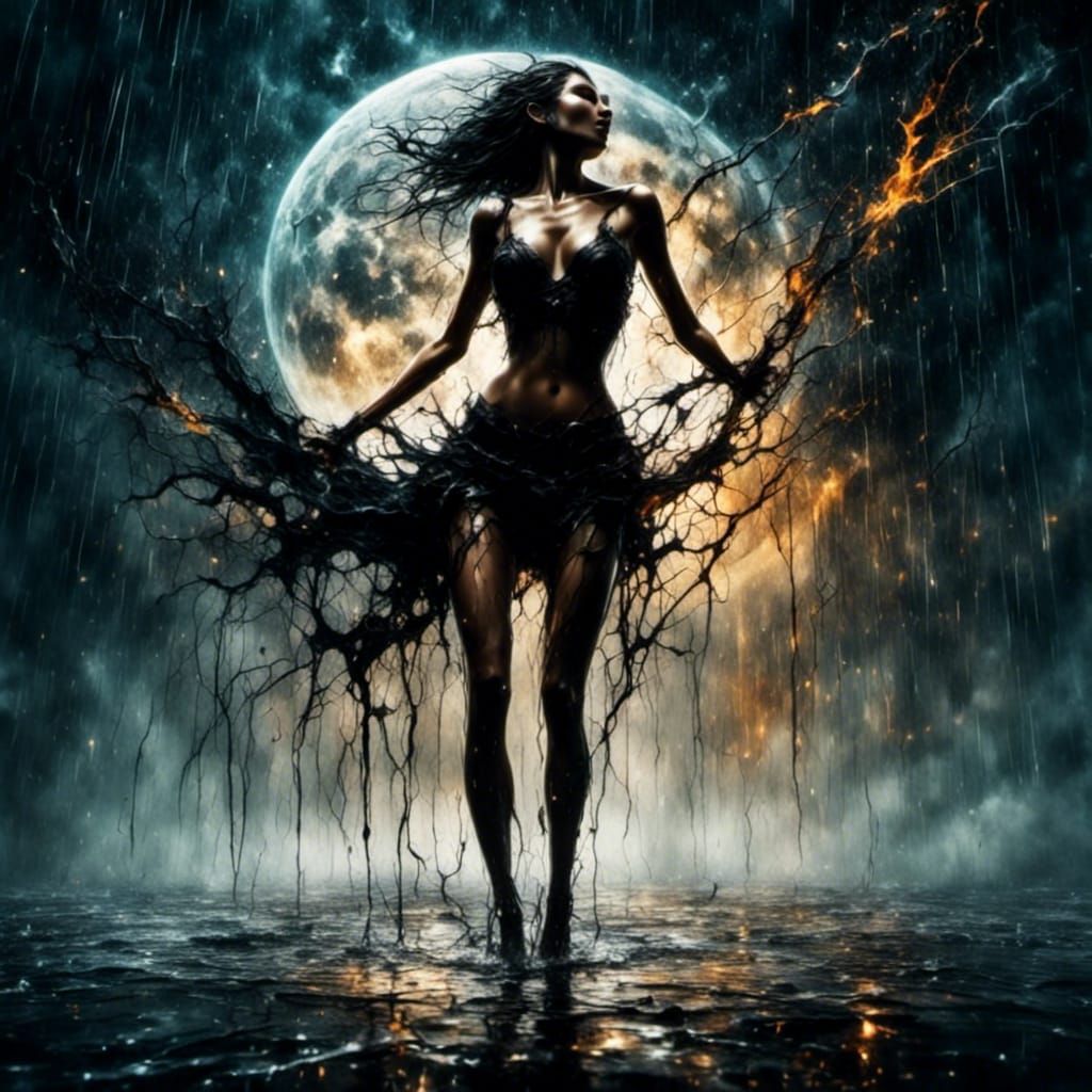 Woman Dancing in Dark Rainy Night with Full Moon