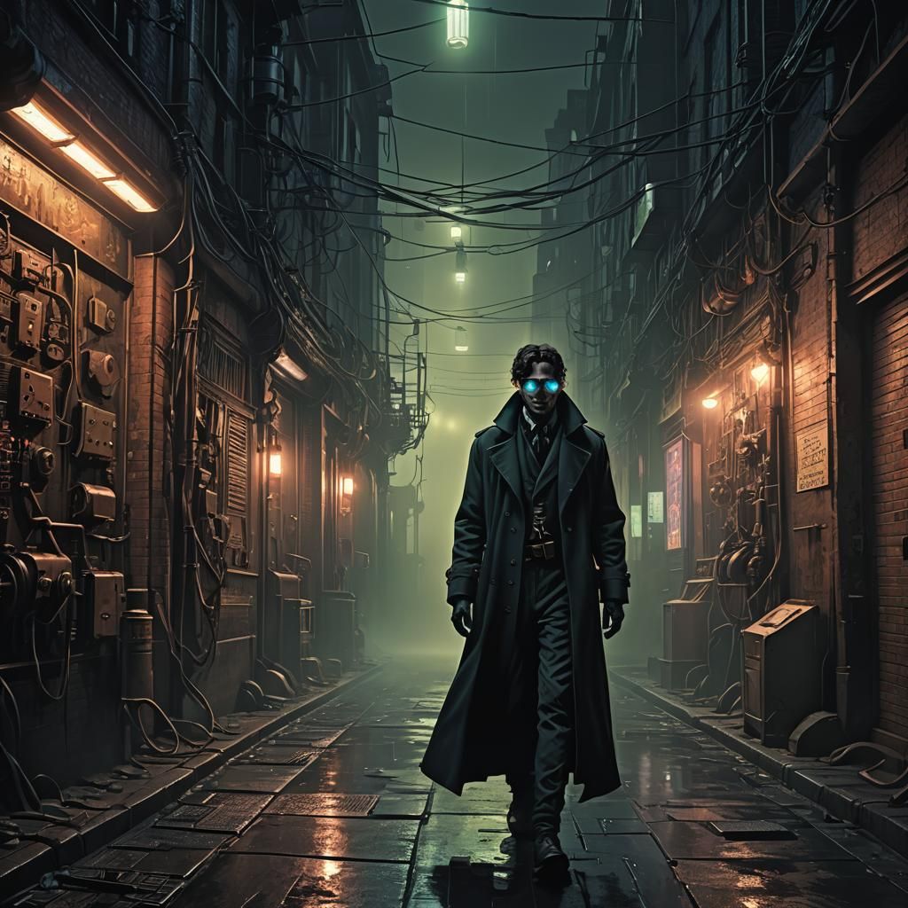 Cyberpunk Film Noir: Figure in Mist-Shrouded Alley