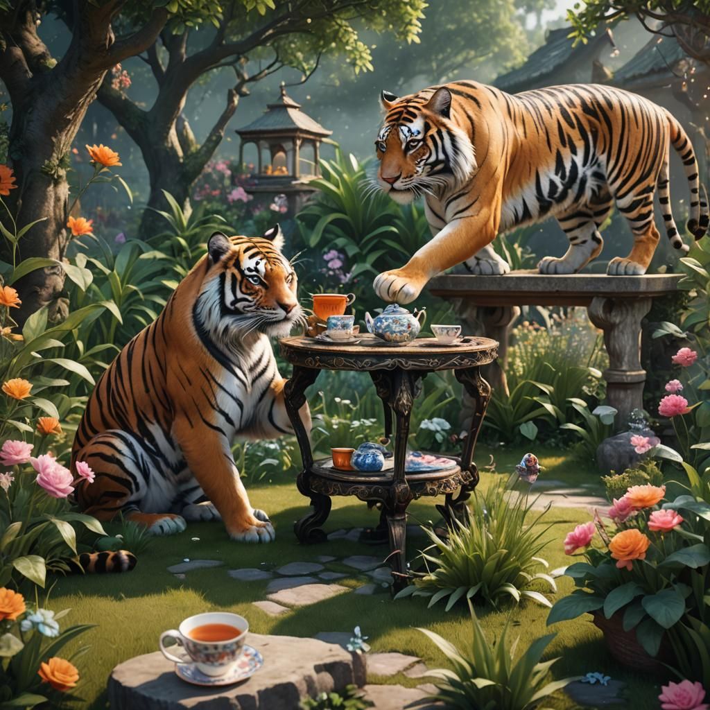 Tiger and Cat's Tea Party: Fantasy Garden Art