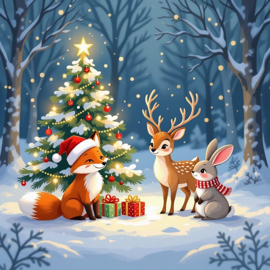 Whimsical Animals Celebrate Christmas in Snowy Forest