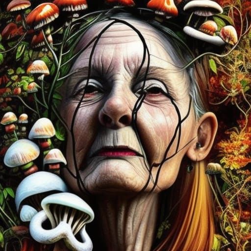 Creepy Woods Witch with Mushrooms in Detailed Digital Art