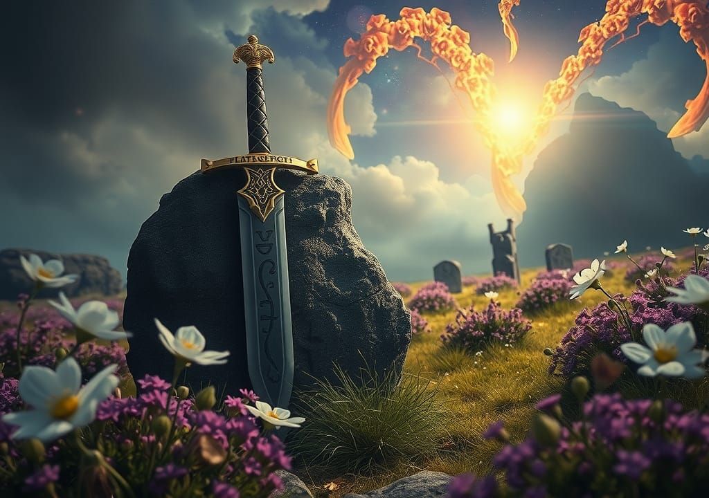 Celtic Sword in Rune Stone with Gold Leaf Accents