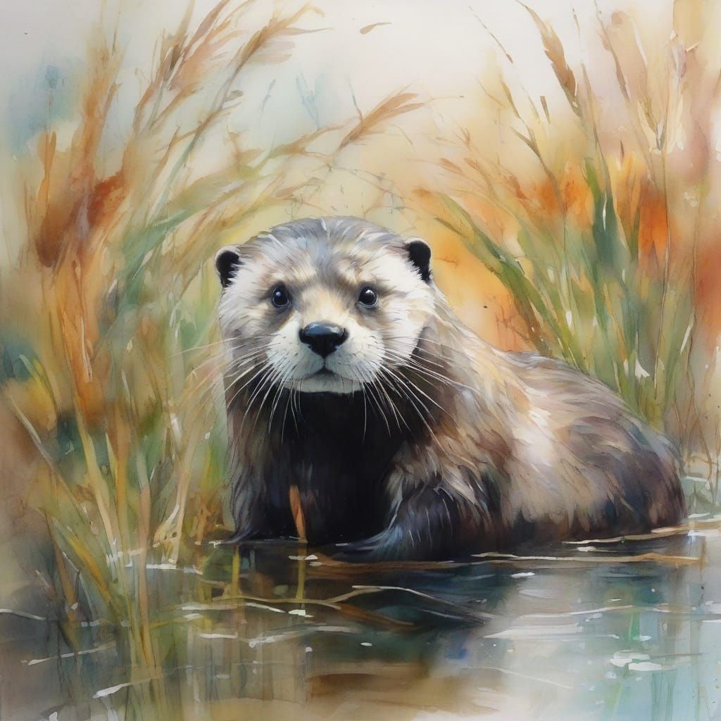 Sleek Otter in Tranquil Marshland Pond, Ink Watercolour Illu...