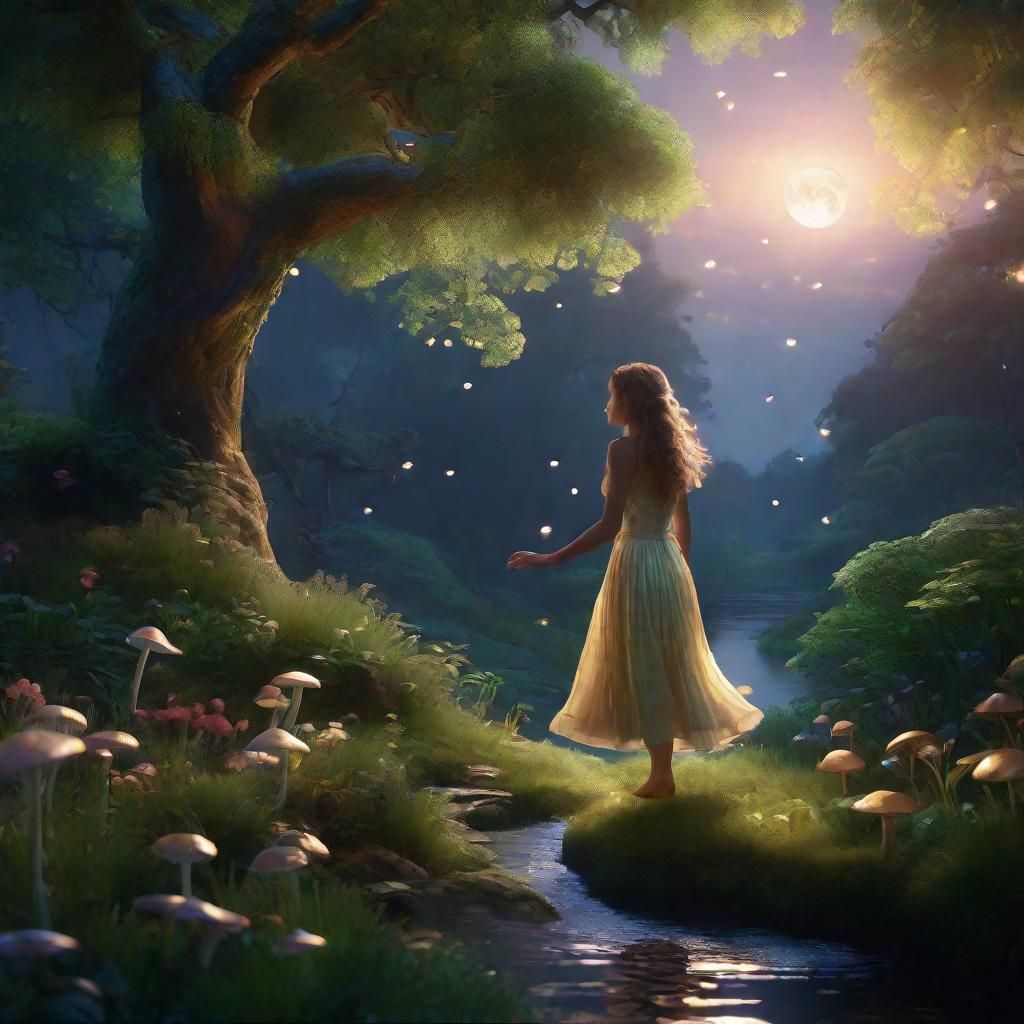 Fantasy Landscape with Dancing Woman in Moonlight