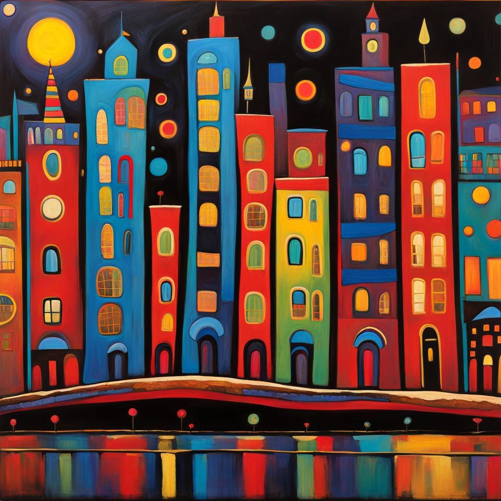 Vibrant City Nightlife in Hundertwasser Style