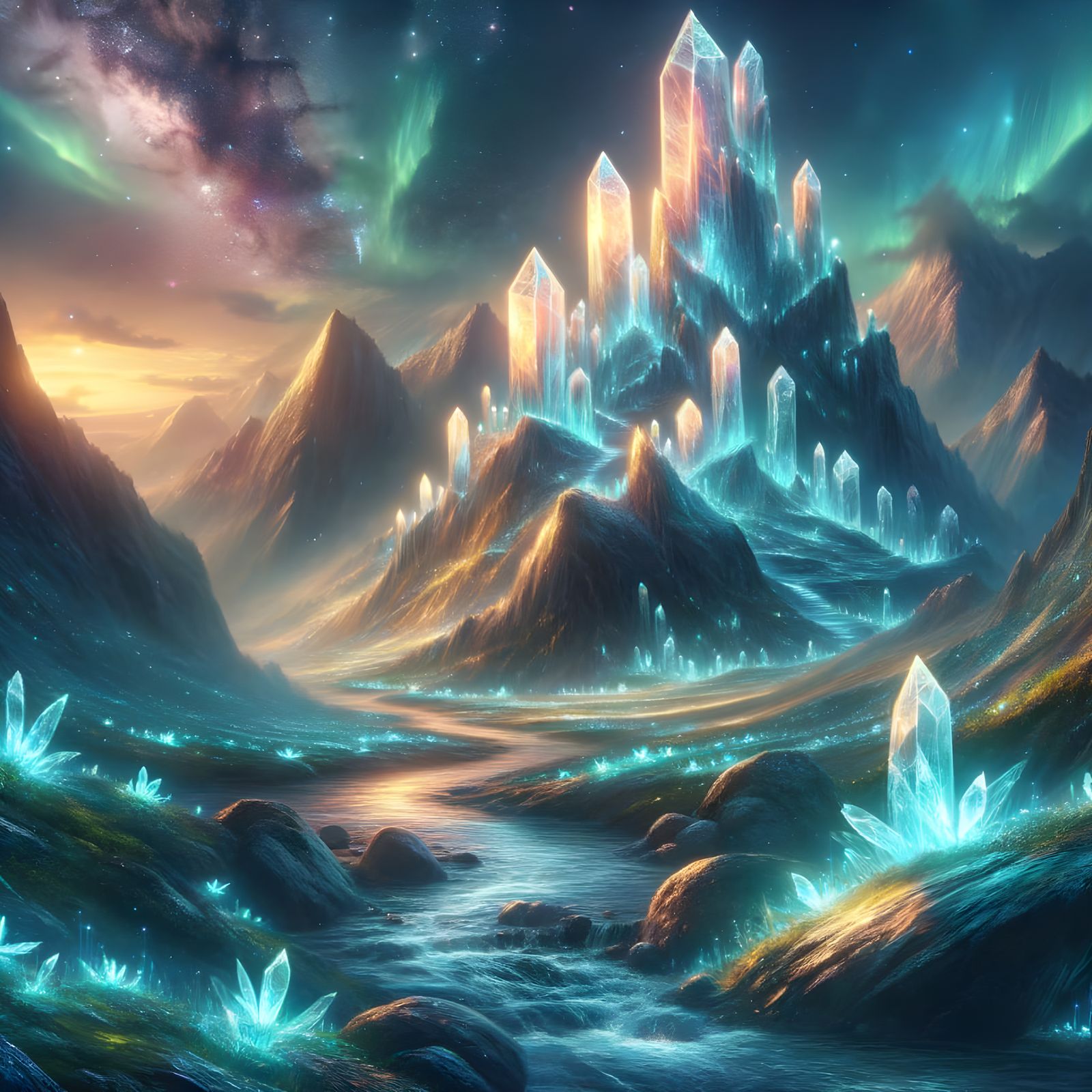 Luminescent Crystals Reflecting Aurora on Mountain Summit