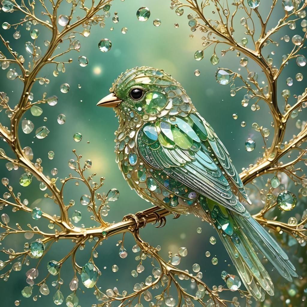 Sparkling Mint-Tourmaline Bird with Golden Filigree