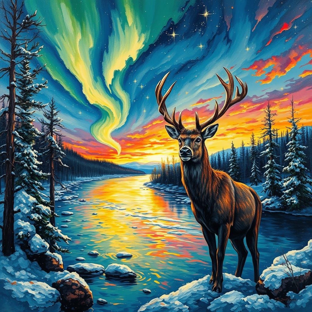 Magical Northern Lights Deer in a Cozy Winter Forest