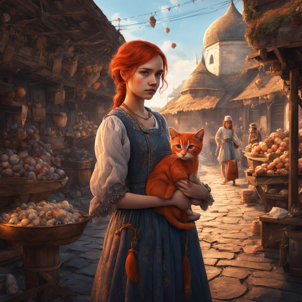 Red-Haired Girl Velka with Magical Cat in Russian Market