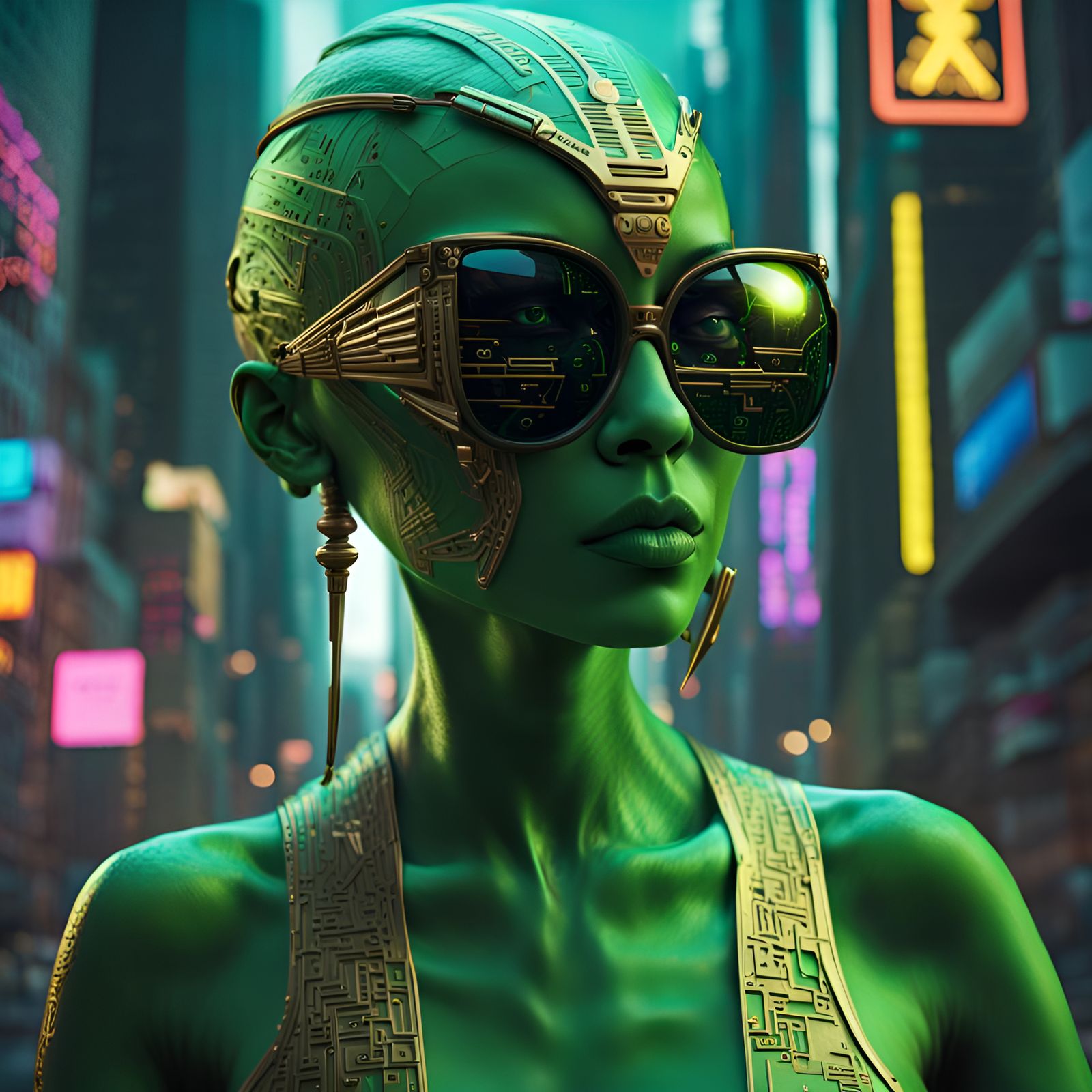 Neon Alien Woman in Cyberpunk Cityscape