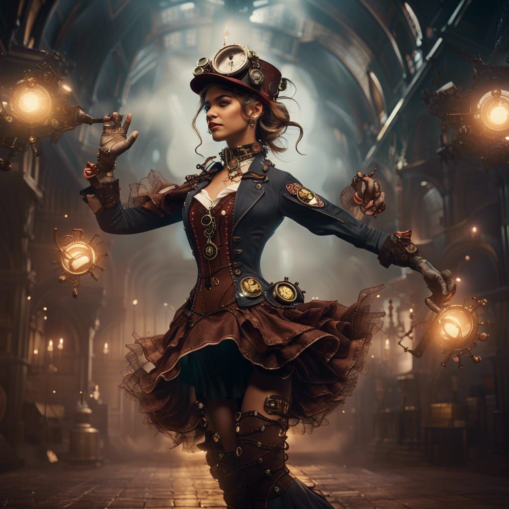 Elegant Steampunk Girl Dancing in a Fantastical Scene
