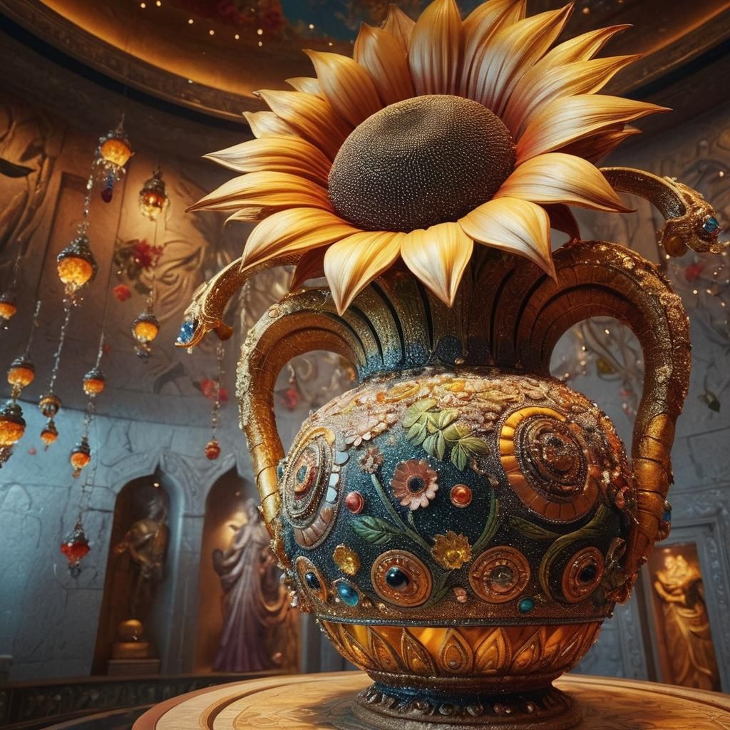 Ornate Vase Overflowing with Jewels and Flowers