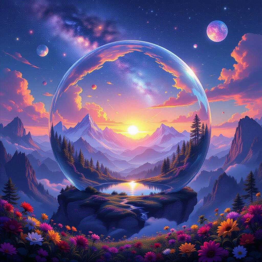 Surreal Fantasy Landscape Sphere at Sunset Cosmic Wonder