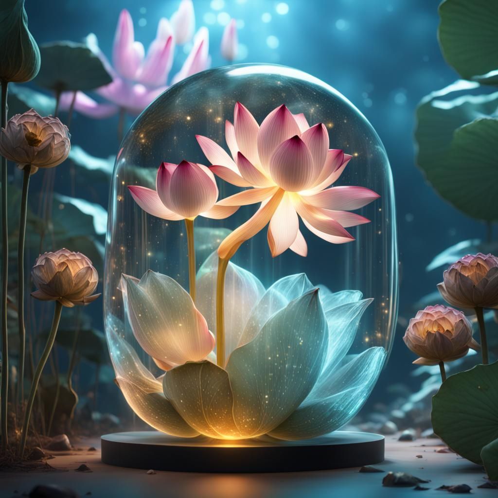 Hyperreal Lotus Surrounded by Bioluminescent Plants