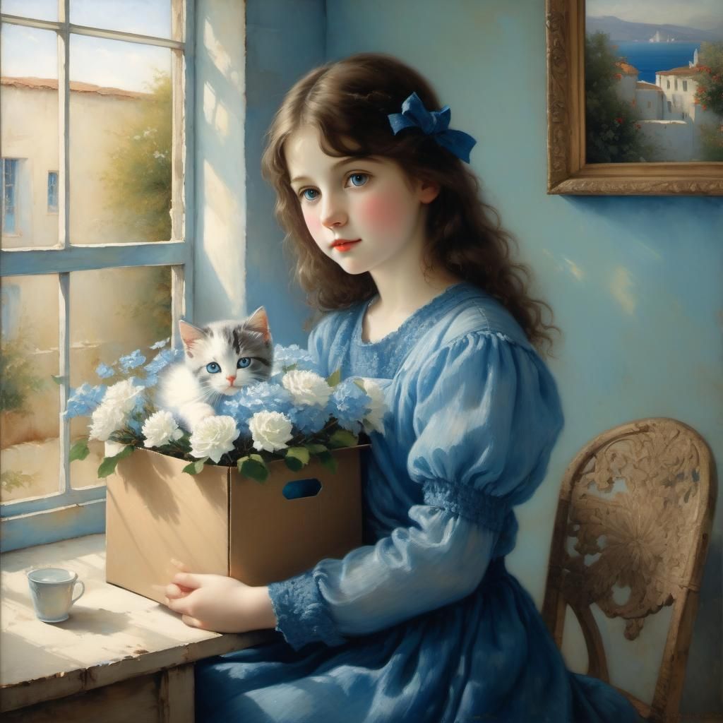 Girl in blue dress with kitten