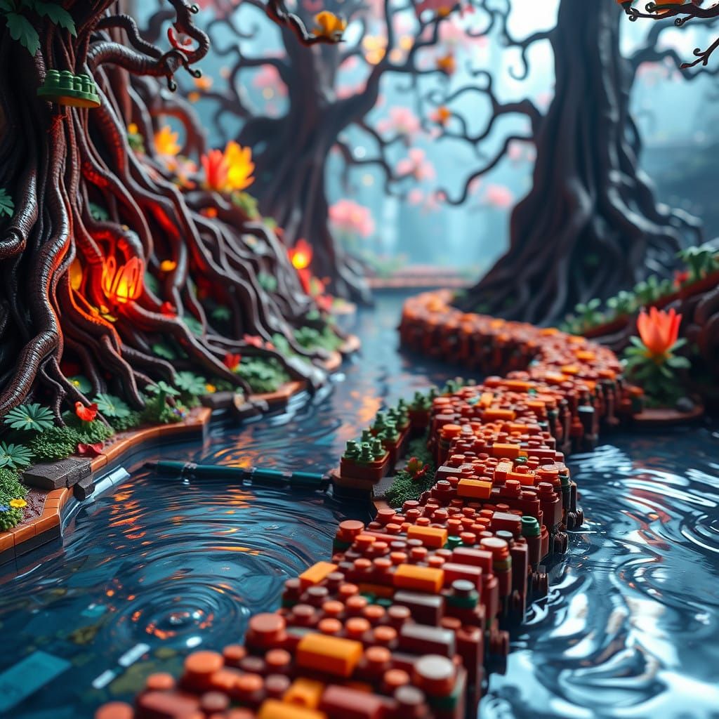 Winding LEGO River in Lush Fantasy Landscape