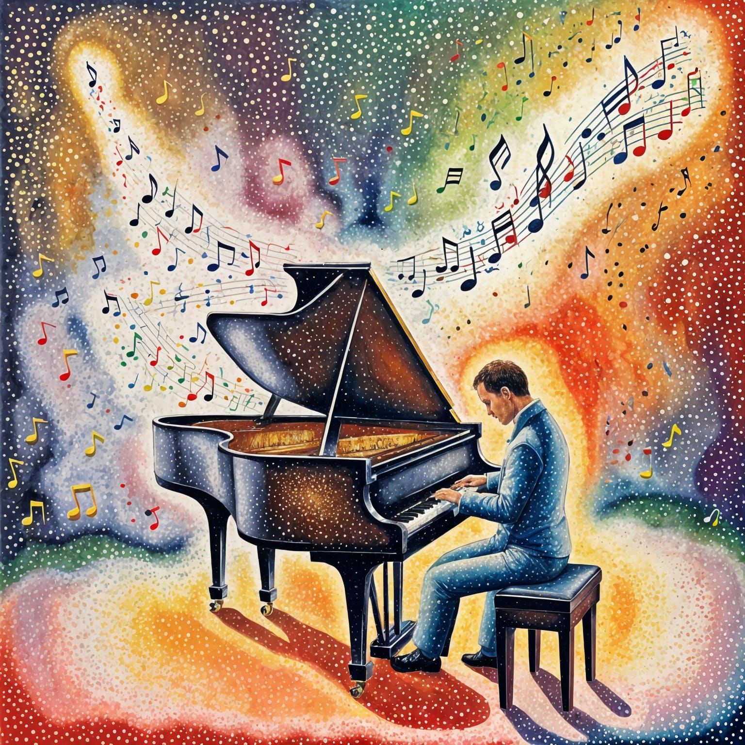 Pointillist Musician at Piano with Flying Notes