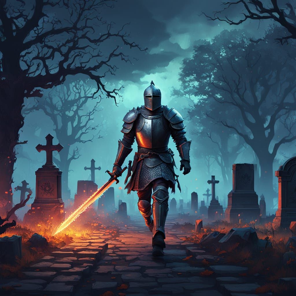 Pixel Art Knight Runs Through Bleak Cemetery