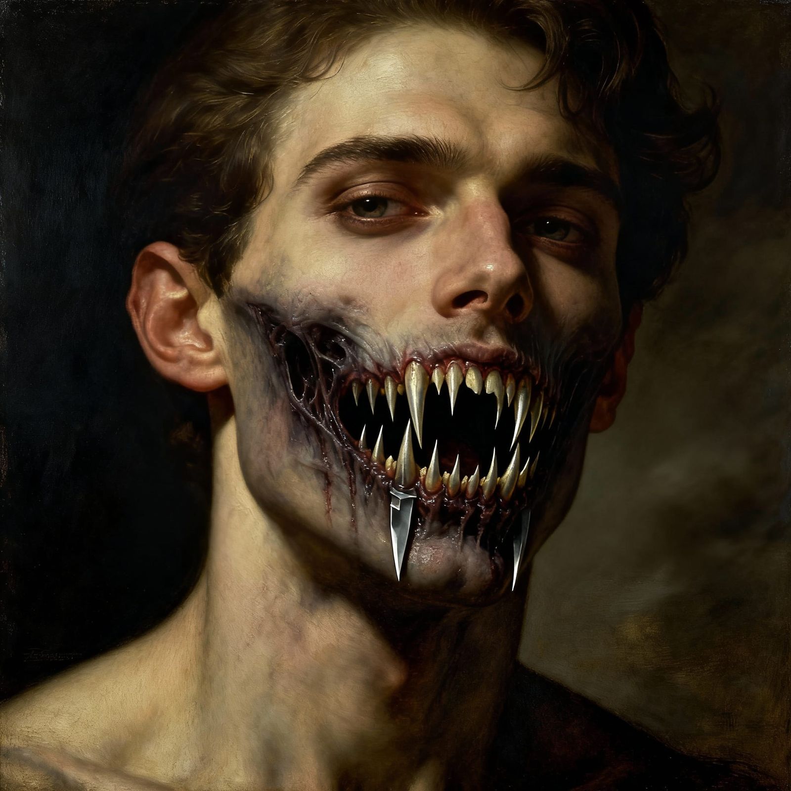 Horrifying Male Model with Needle Teeth in Chiaroscuro